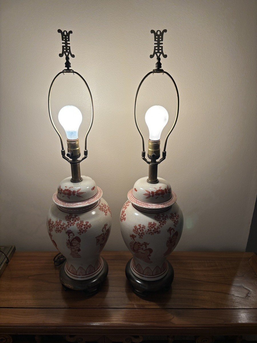 Pair Vintage Frederick Cooper Asian Geisha Chinoiserie Ginger Jar