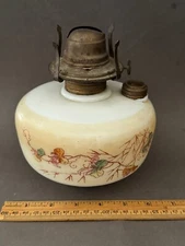 HAND PAINTED LEAF FLOWER MILK GLASS WHITE FLAME OIL KEROSENE BURNER LAMP BASE