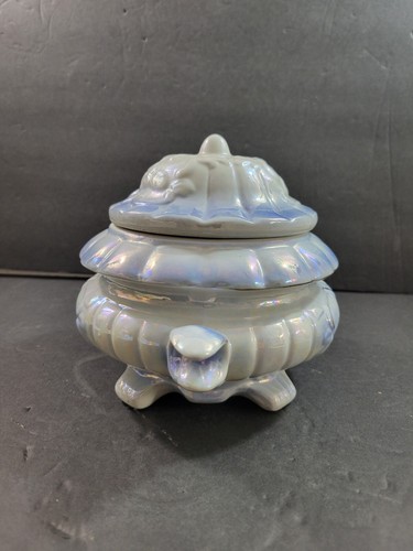 Vintage Blue Lusterware Footed Tureen w/Lid & Handles Pink Floral Motif 6" - Picture 6 of 12