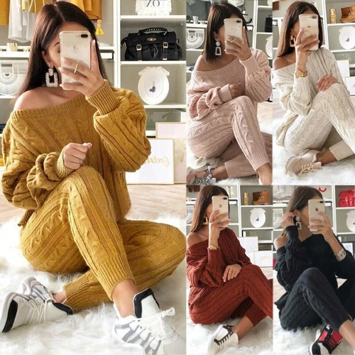 Women Cable-knit Loungewear Sweater & Pants Set Casual Outfits 2 Pcs Size