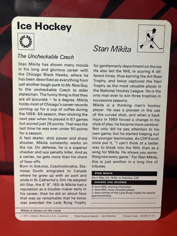Sportscaster Ice Hockey Card (“Stan Mikita” 1977 Lausanne Italy 03 005 12-22) - Image 2 of 3