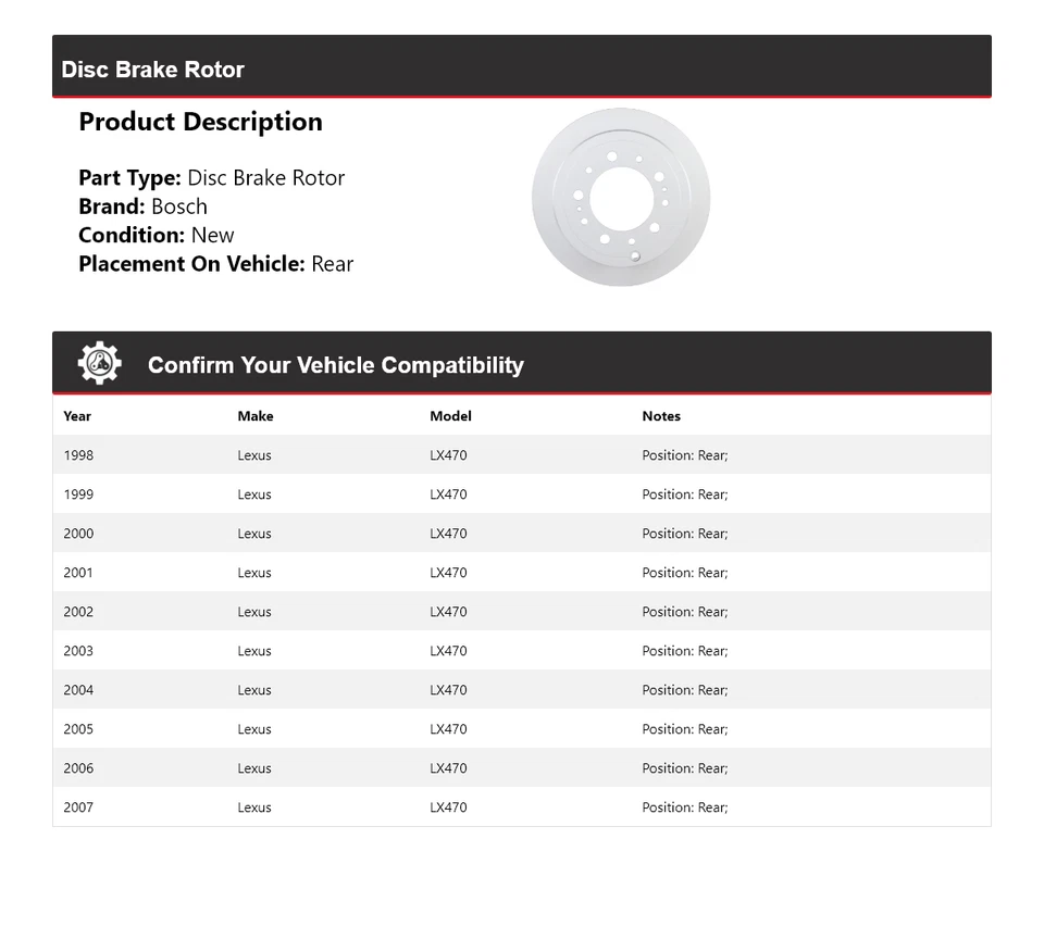 Rotor de freno de disco trasero para Lexus LX470 1998-2007 Bosch QuietCast 1999 2000 2001 Foto 2 de 4