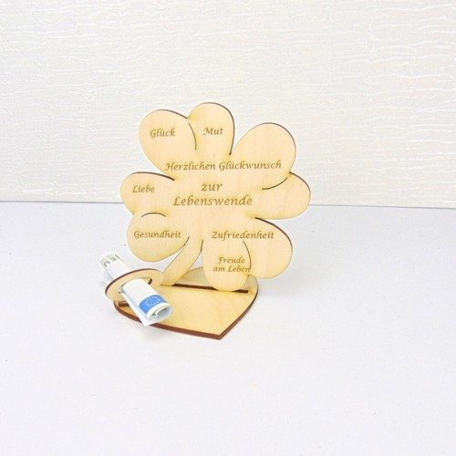Regalo Dinero Cambio de Vida con Nombre Deseado 11cm o 16cm Trébol de Madera - Imagen 3 de 9