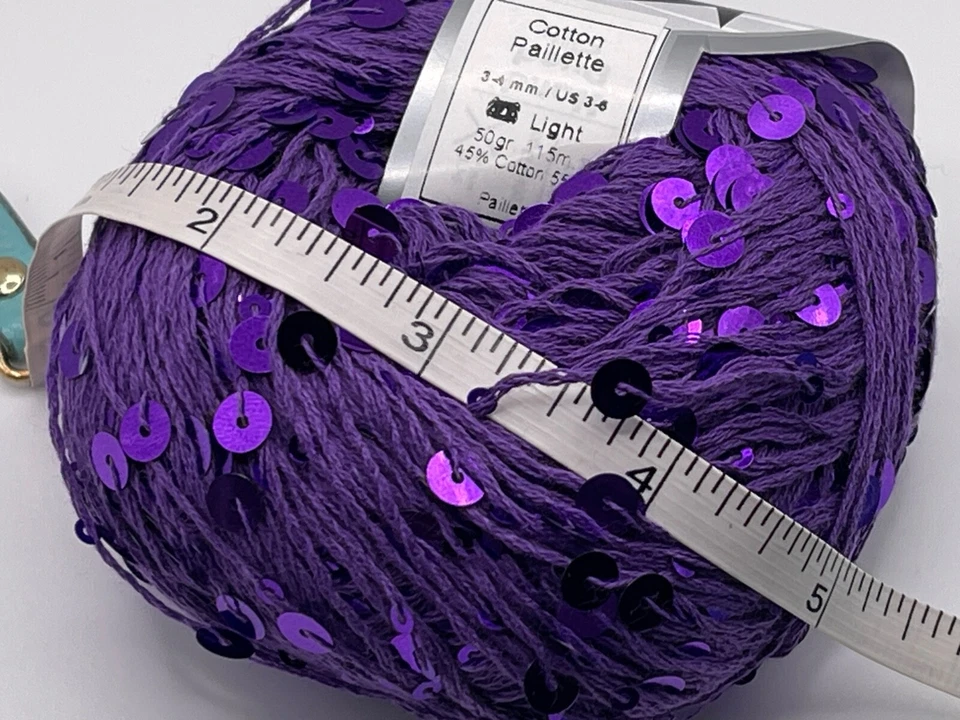 Lentejuelas de algodón púrpura 81561 hilos de hielo 50 gr 125 yardas DK lentejuelas grandes y pequeñas Foto 4 de 4