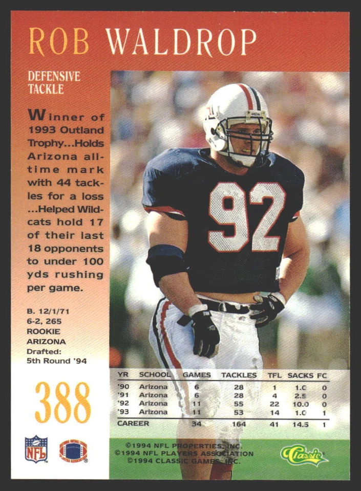 Rob Waldrop #388 1994 Pro Line Live Kansas City ChiefsRC Rookie - Image 2 of 2