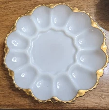 1950's Anchor Hocking Fire King Milk Glass w/ Gold Rim Deviled Egg Tray