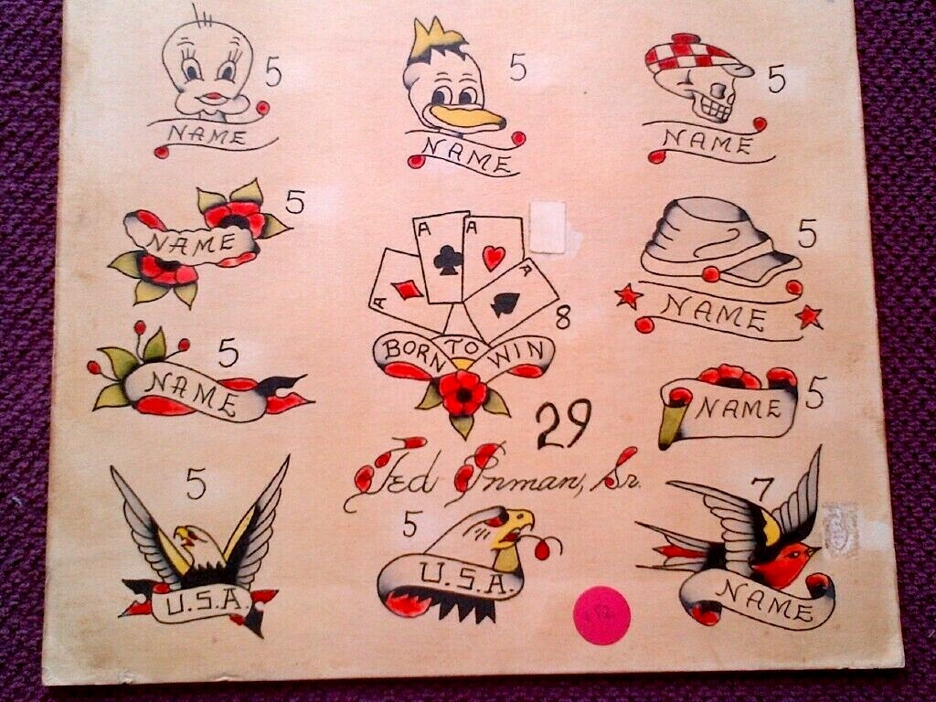 TED INMAN TATTOO LEGEND - ORIGINAL VINTAGE 1960s HAND PAINTED