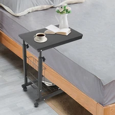 2 Tiers Adjustable Bed Side Table Thickened Mobile Standalone Table w/ Wheels