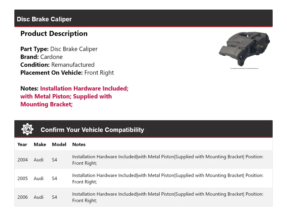 Суппорт переднего правого дискового тормоза Cardone 2005 для Audi S4 2004-2006 годов выпуска - Изображение 2 из 4
