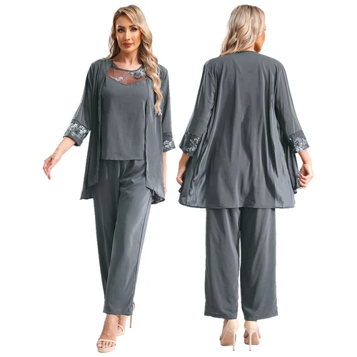 Womens 3 Piece Chiffon Pant Suits Tank Top Cardigan and Pants Evening Outfits - Picture 83 of 95