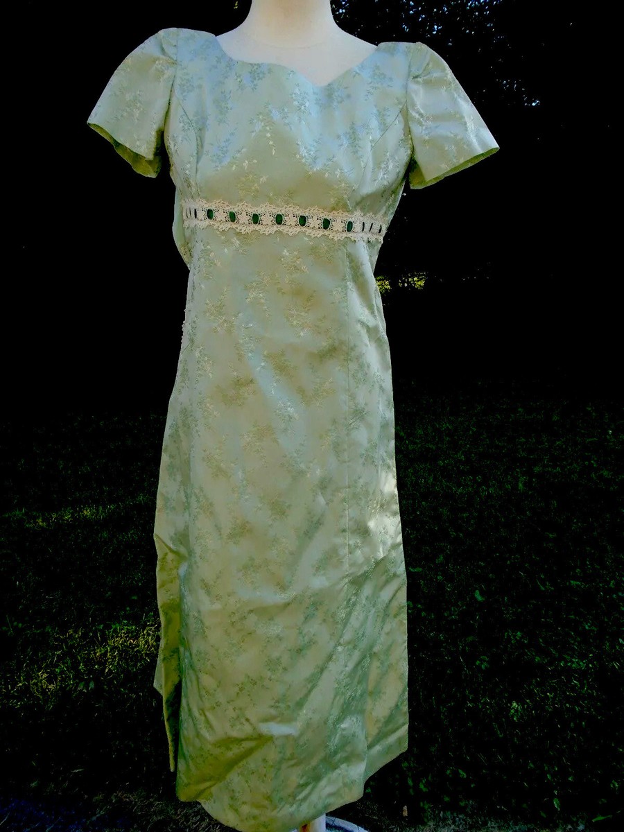 Vtg 60s Maxi Dress Brocade Asian train Green silk Floral fitted pin up  Handmade | eBay