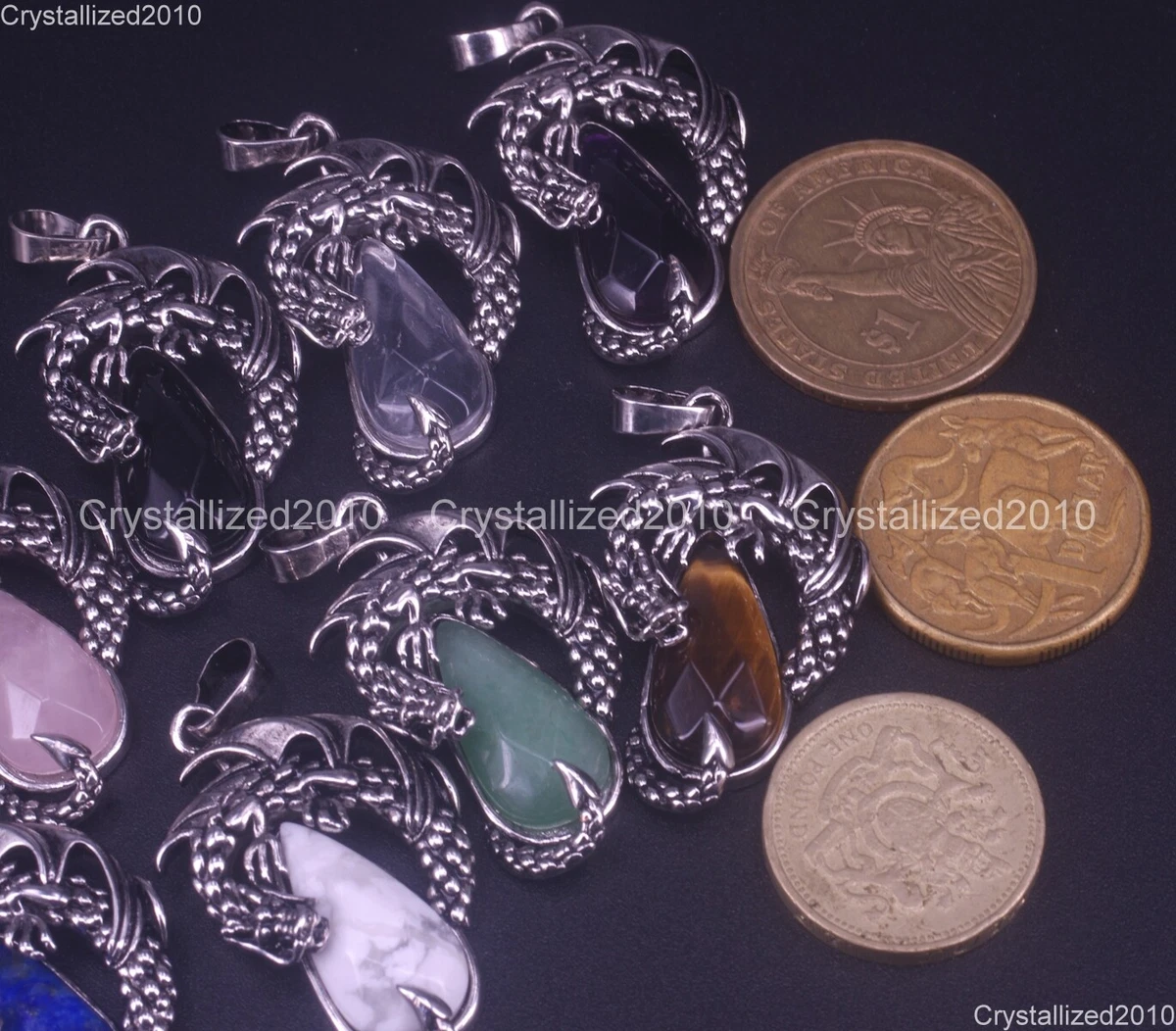 Natural Gemstone Teardrop Nidhogg Dragons Pendant Necklace Beads Tibetan Silver