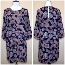 Everly navy blue paisley print 3/4 sleeve dress Lagenlook Shift dress Size S
