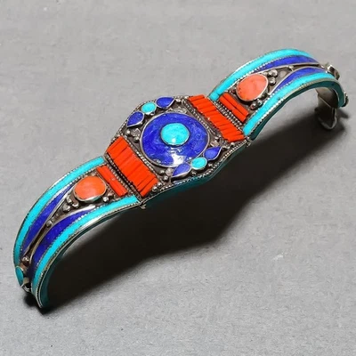 Manchette bijoux népalais vintage fait main corail lapis-lazuli turquoise... - Photo 1/4