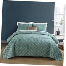 Velvet Bedspread Quilt Bedding Sets,Luxury Queen 90 by98inch Aqua Green