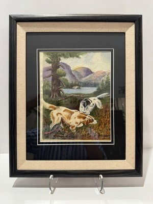 W. C. Vincent Signed Hunting Dogs Mountain Lake Landscape Painting Framed
