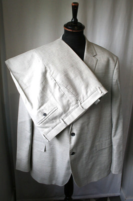 Vintage M&S Beige Leinen Sommer 3 Teiler Anzug Weste 6XL 52 W 40'' L 33'' Mod Revival