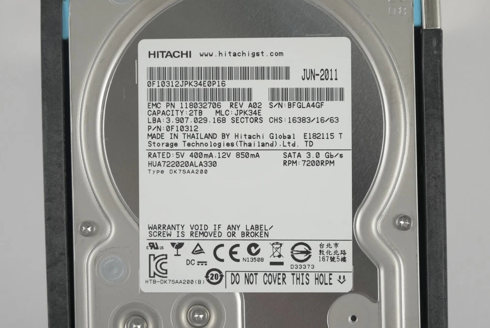EMC Data Domain ES30 1TB 7200RPM SATA 3Gbps 3.5" HDD 005049481 HUA722020ALA330 - Image 2 of 4