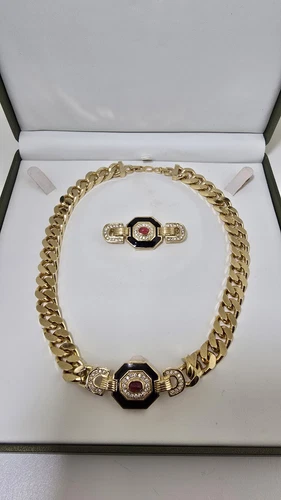 Spilla Bracciale Collana Vintage CHRISTIAN DIOR Oro Smalto Nero Rubino Rosso!