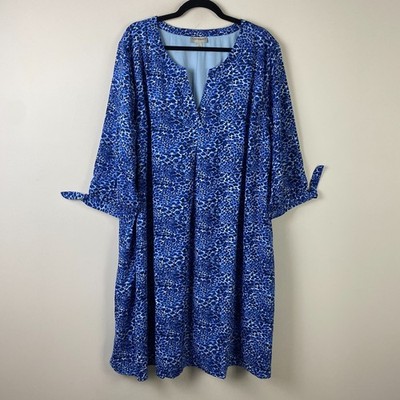 Catherines Tie-Sleeve Café Dress Size 2X Blue Animal Print Pockets 3/4 Sleeves
