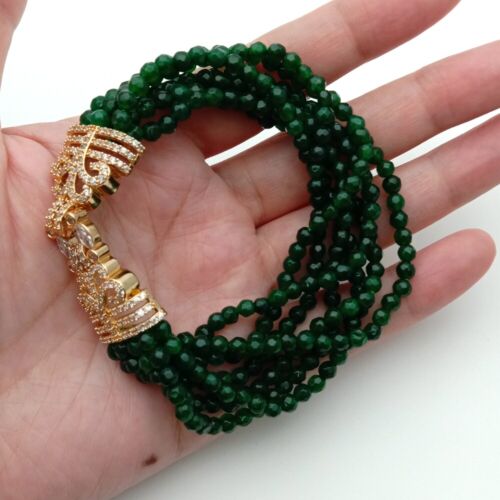 7 Strands Round Green Jade Multi Strands Bracelet Cubic Zirconia Pave clasp - Picture 1 of 7