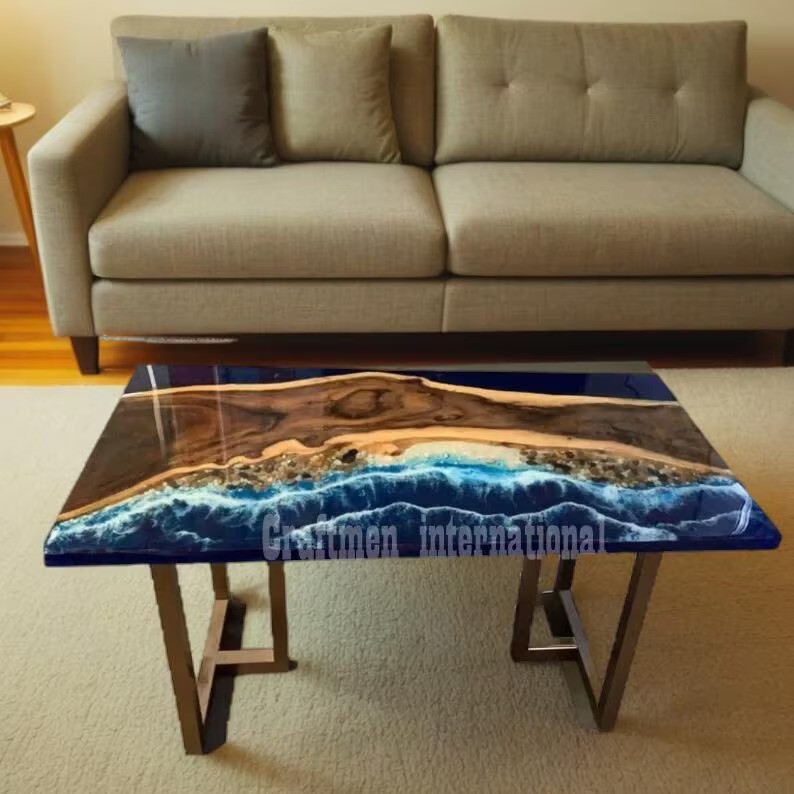 Ocean  Blue Epoxy Dining Table,  Acacia   Wood Epoxy table, Live Edge wood table-image