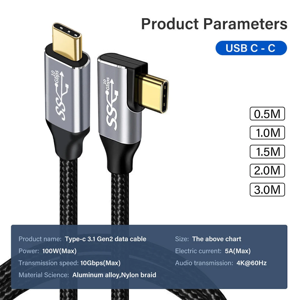 L Angled Type C USB 3.1 PD Braided Cable Data Super Fast Charging Cord 100W 5A - Image 3 of 4