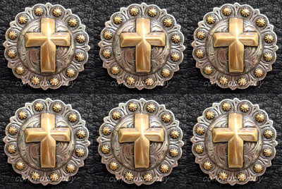 Set of 6 WESTERN HORSE TACK ANTIQUE GOLD CROSS BERRY CONCHOS 1-1/4'' screw back