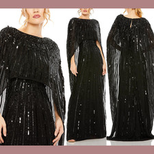 NWT 798 Mac Duggal  16  93869 Beaded Embellished Column Cape Gown Black G1853