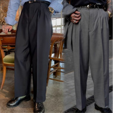 Men Vintage Wide-Leg Suit Trousers Straight Pleated High Waist Pants Gentle Suit