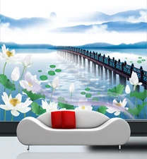 3D Lotus Bridge ZHUA1952 Wallpaper Wall Murals Removable Self-adhesive Zoe