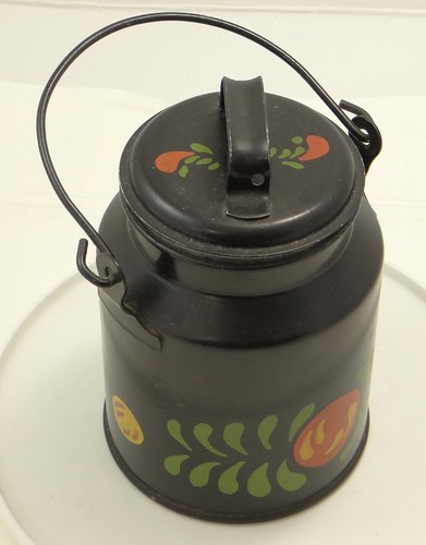 Black Heavy Tin Toleware Canister w Removable Top Fruit Green Leaves Kitchen - Picture 4 of 6