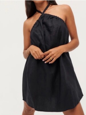 $198 Reformation Maui Linen Dress Black Mini Ruching Halter Tie Size S |  eBay