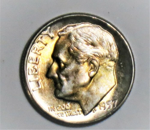 1957 P Roosevelt Dime Uncirculated toned    D0807