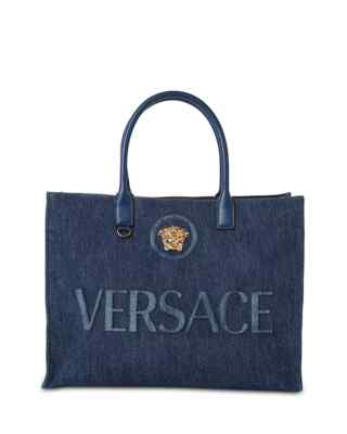 Versace Gold Logo La Medusa Fabric Calf Leather Denim Blue Large