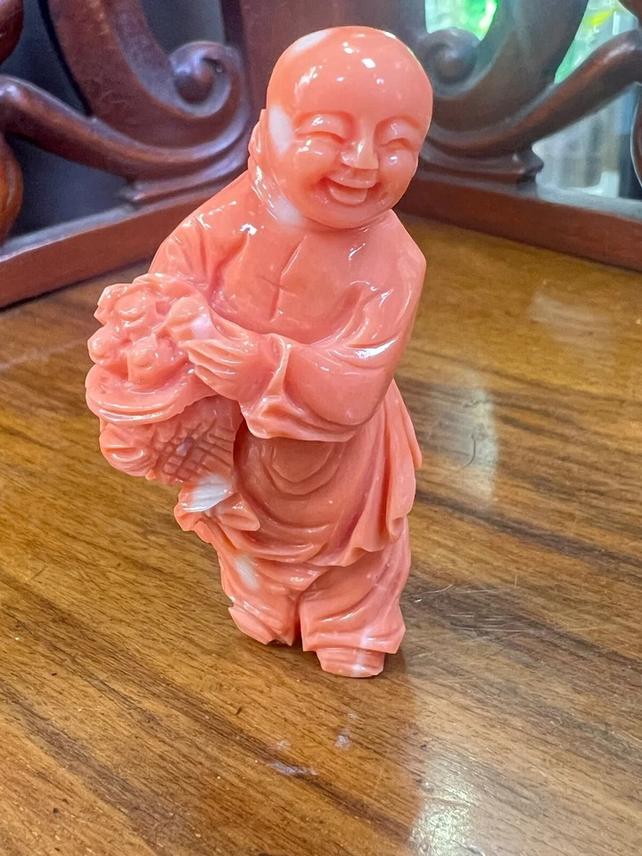 Antique China Chinese Carved Natural Red Coral Monk Statue Figure Figurine 35gr. - Image 2 of 4