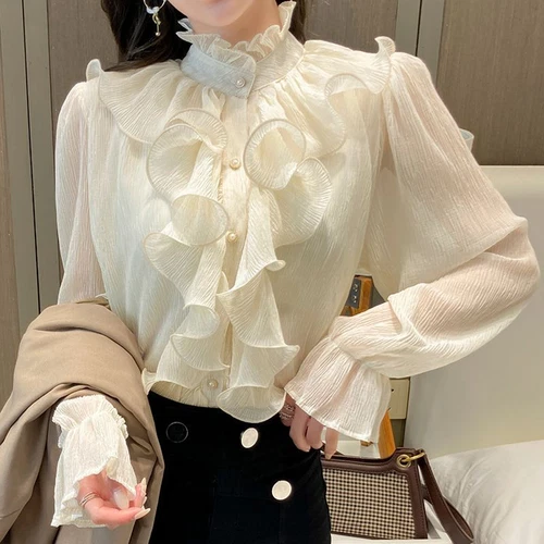 Blusa De Encaje Elegante Con Volantes Para Mujer Camisa De Gasa Con Cuello Alto- - Imagen 8 de 19