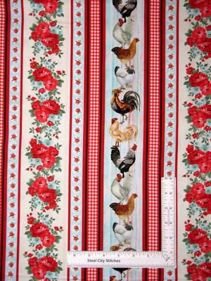 Rooster Farm Chicken Stripe Fabric Cotton Timeless Treasures CD1536 By Yard