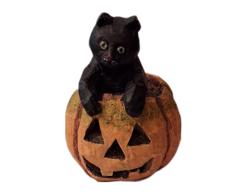Halloween Black Cat sitting in a Jack O Lantern JOL Pumpkin Anthony Costanza