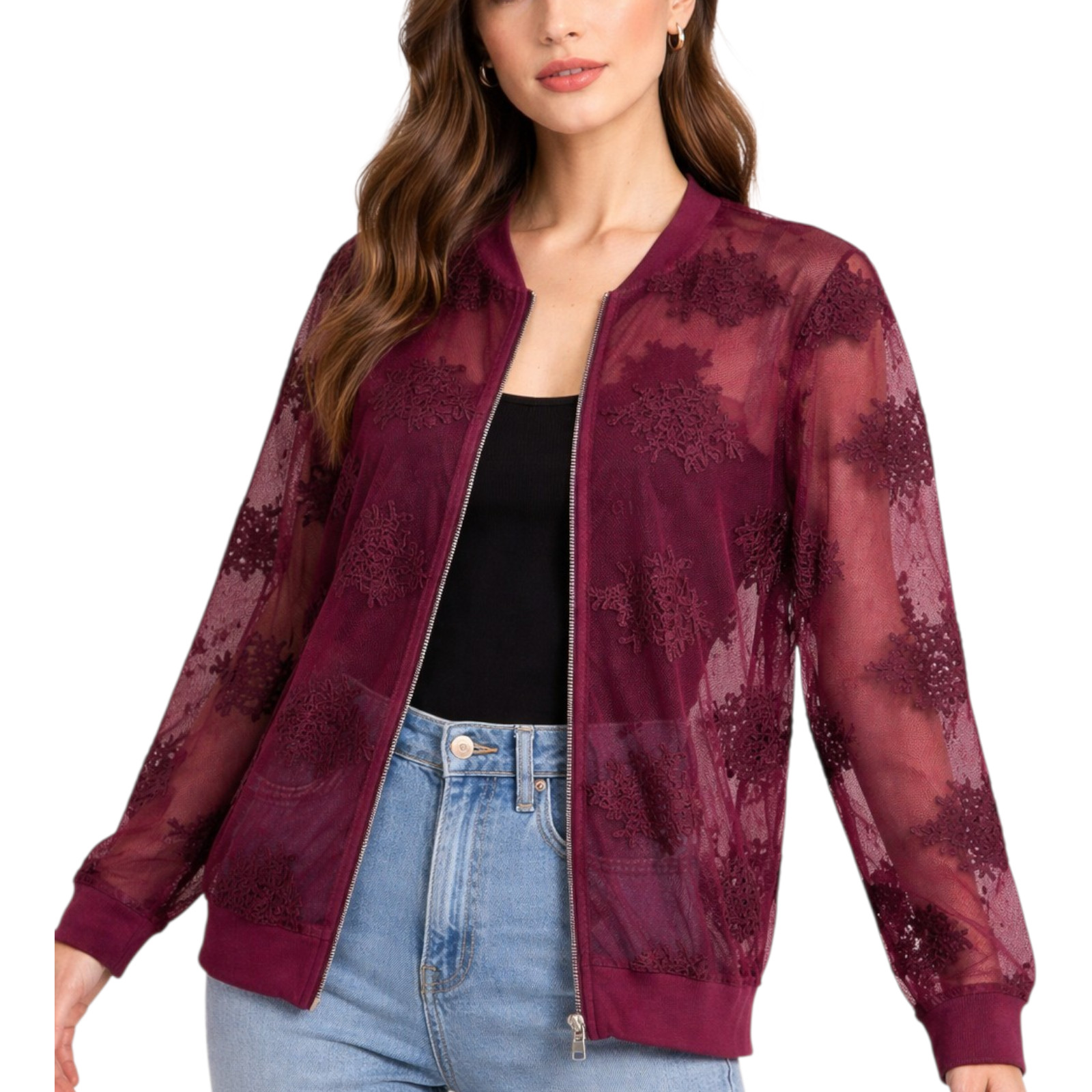 TORRID 2 Women's Plus 18 20 Sheer Mesh Jacket Burgundy Embroidered Full Zip 50