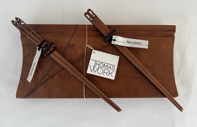 Moonspoon Sushi Board and 2 pair Chopsticks Cherry Wood Hand Made