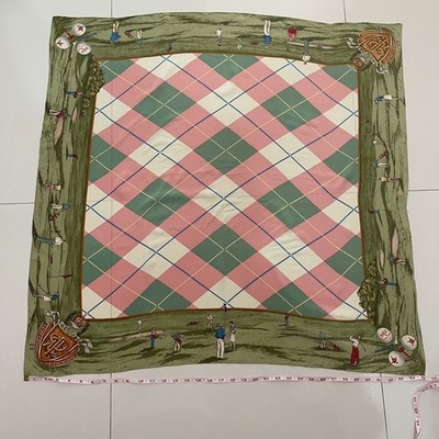 Vintage Polo Ralph Lauren Silk Scarf Golf Theme Argyle Green Pink Square 35''
