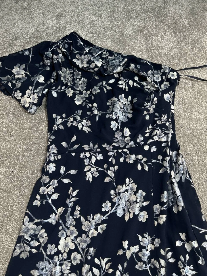 Lauren Ralph Lauren One Shoulder Maxi Dress Womens 4 Blue Floral Print High Slit - Image 3 of 4