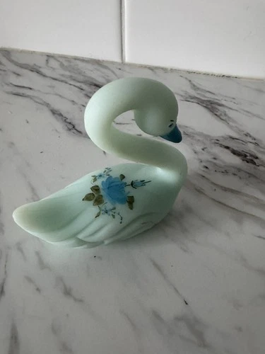 Vintage Fenton Satin Custard Signed Hand Painted Floral Glass Swan Figurine
