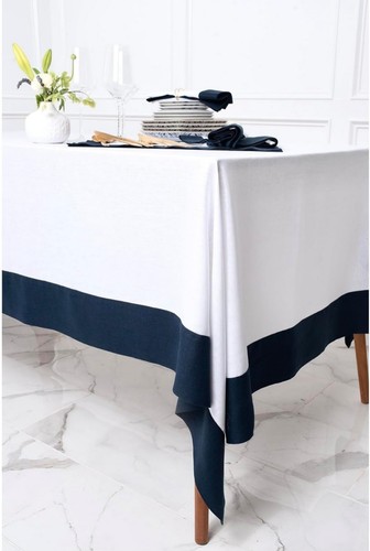 Solino Home Navy/White 100% Linen Rectangular Tablecloth Table Cloth 60" X 120” - Picture 2 of 7