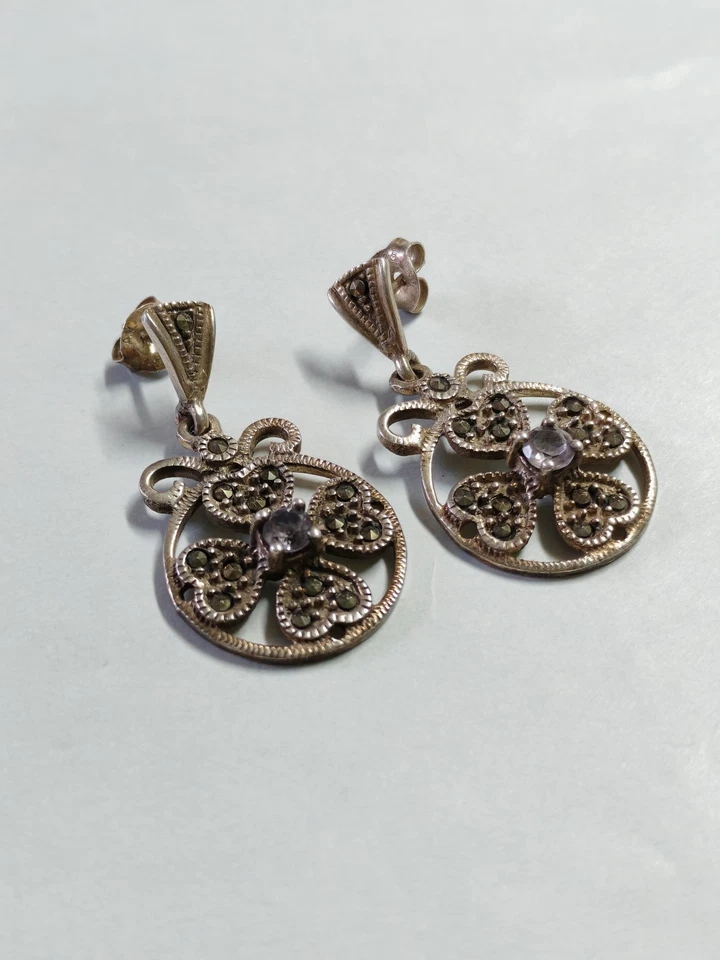 Orecchini donna vintage argento 925 ametista marcasite pendenti - Immagine 3 di 4