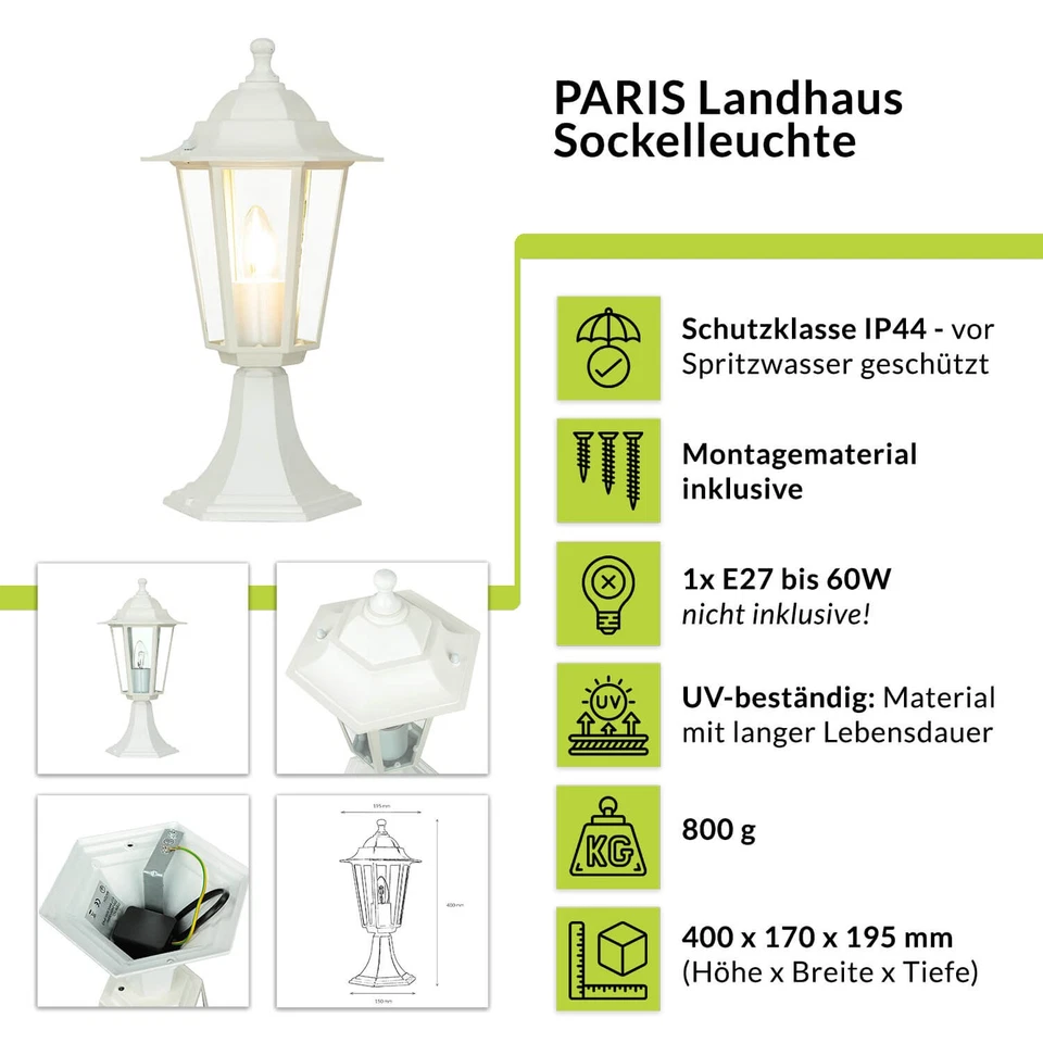 Sockelleuchte außen IP44 Weiß E27 48cm Rustikal Aluminium Glas Wegeleuchte Lampe - Bild 2 von 4