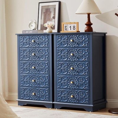 5 Drawer Dresser for Bedroom,Narrow Chest of Drawers with Carved