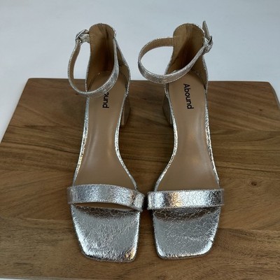 Womens Abound Finn Silver Metallic Leather Ankle Strap Heel Sandals Size 9 M GUC