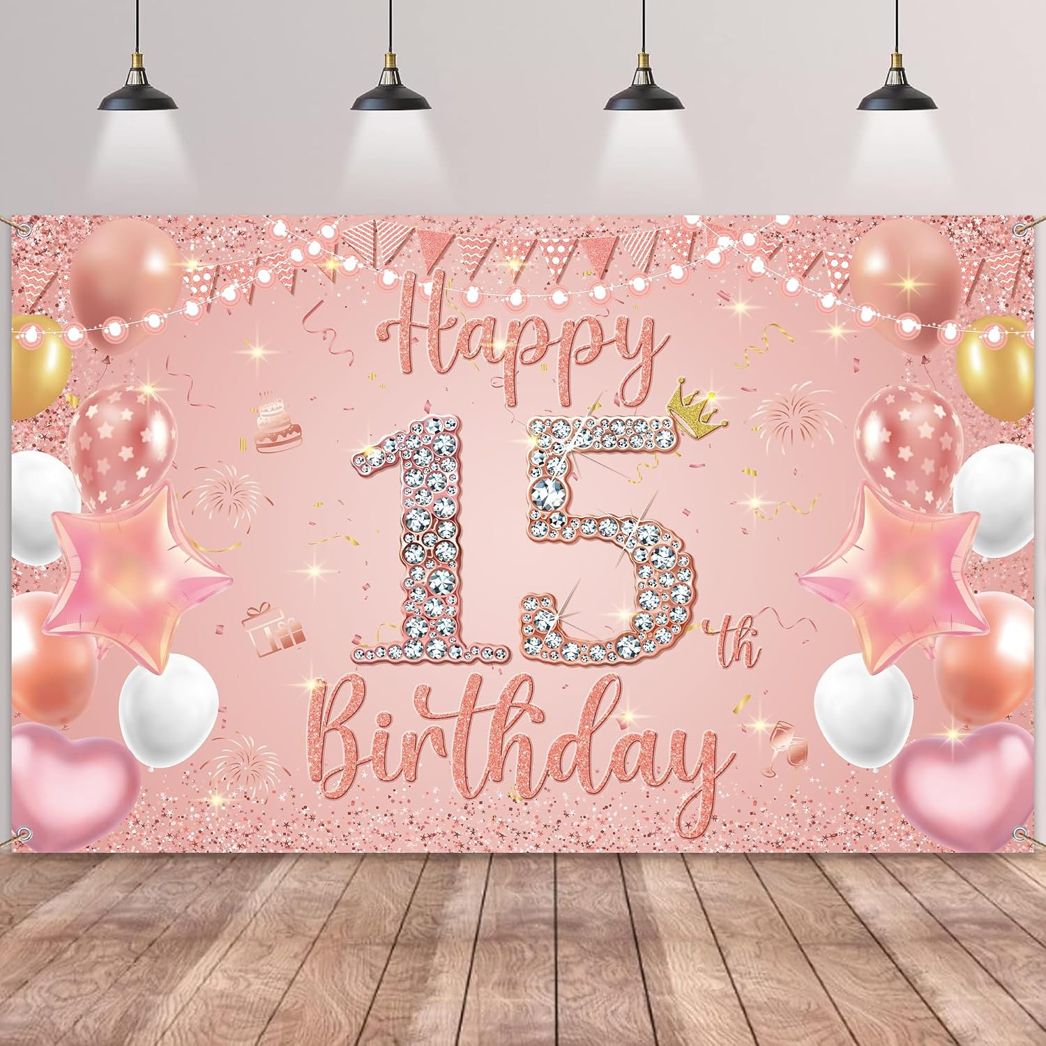 Happy 15Th Birthday Decorations Banner - Pink Rose Gold Decoration Backdrop Phot